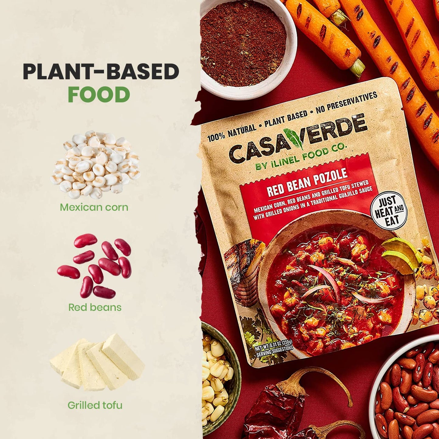 Casa Verde | Red Bean Pozole, 100% Natural Food, Pack Of 6, Real Taste With Mild Red Peppers | 100% Vegan & Non-Gmo, Plant Based