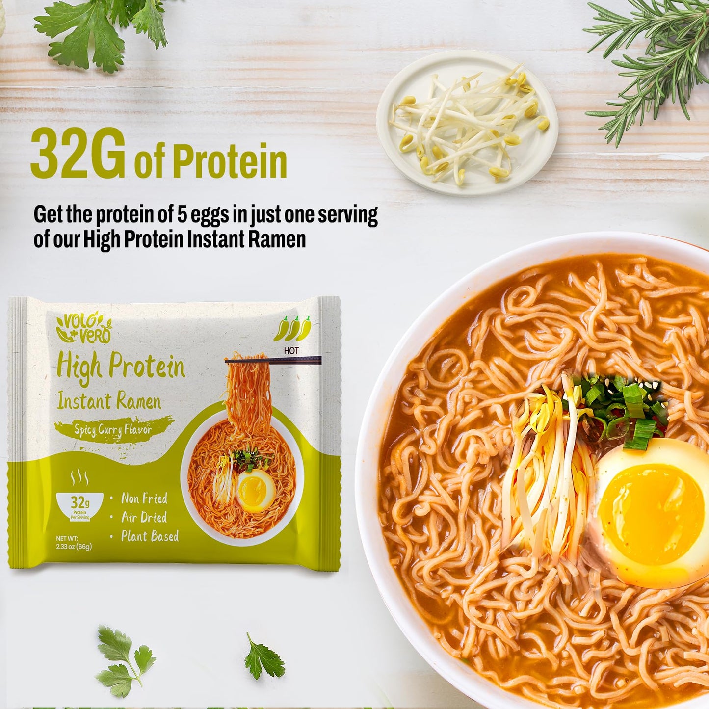 VOLO VERO High Protein (32g) Instant Ramen Noodles Spicy    Curry Flavor Soup, 8 Pack, Vegan, Plant-Based, Low Fat, Non-Fried, D