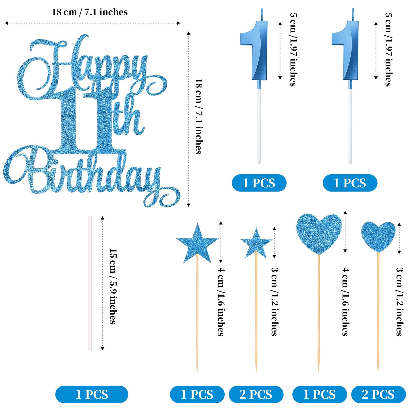 Lecferrarc 11th Birthday Cake Decorations Set, Blue Numeral Candles and Glitter Toppers for Birthday Party Supplies