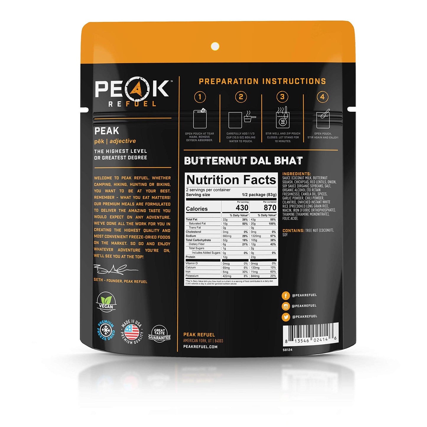 Peak Refuel Butternut Dal Bhat | Freeze Dried Backpacking And Camping Food | Amazing Taste & Quality | High Protein | Real Meat | Quick Prep (2 Serving Pouch)