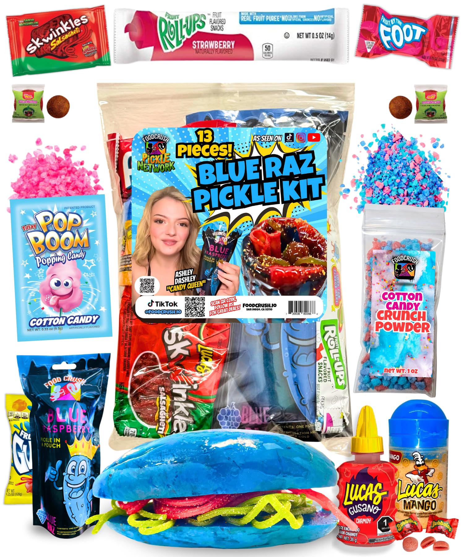 Blue Raspberry Pickle Kit-W/Cotton Candy Crunch-Candy Gift Pouch-(13 Pcs) Birthday Gifts For Kids-Tiktok Trend Items By Food Crush (Blue Raz Pickle Kit)