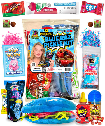 Blue Raspberry Pickle Kit-W/Cotton Candy Crunch-Candy Gift Pouch-(13 Pcs) Birthday Gifts For Kids-Tiktok Trend Items By Food Crush (Blue Raz Pickle Kit)