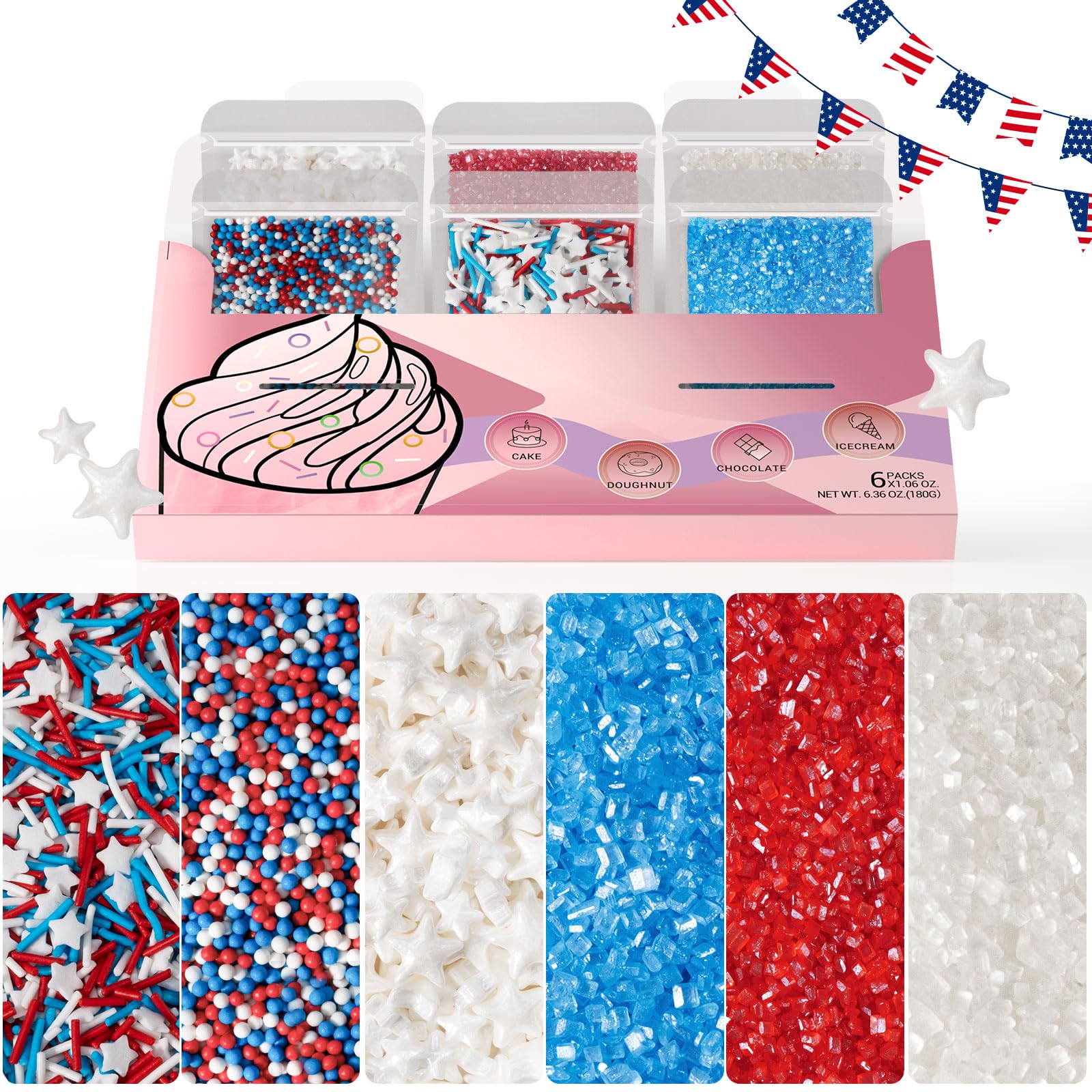 Huebeaty 6-In-1 Red White And Blue Sprinkles - Patriotic 4Th Of July Star Sprinkles For Cake Decorating & Baking-180G | Sanding Sugar  Nonpareils & Jimmies For Cupcakes  Cookies  Ice Cream