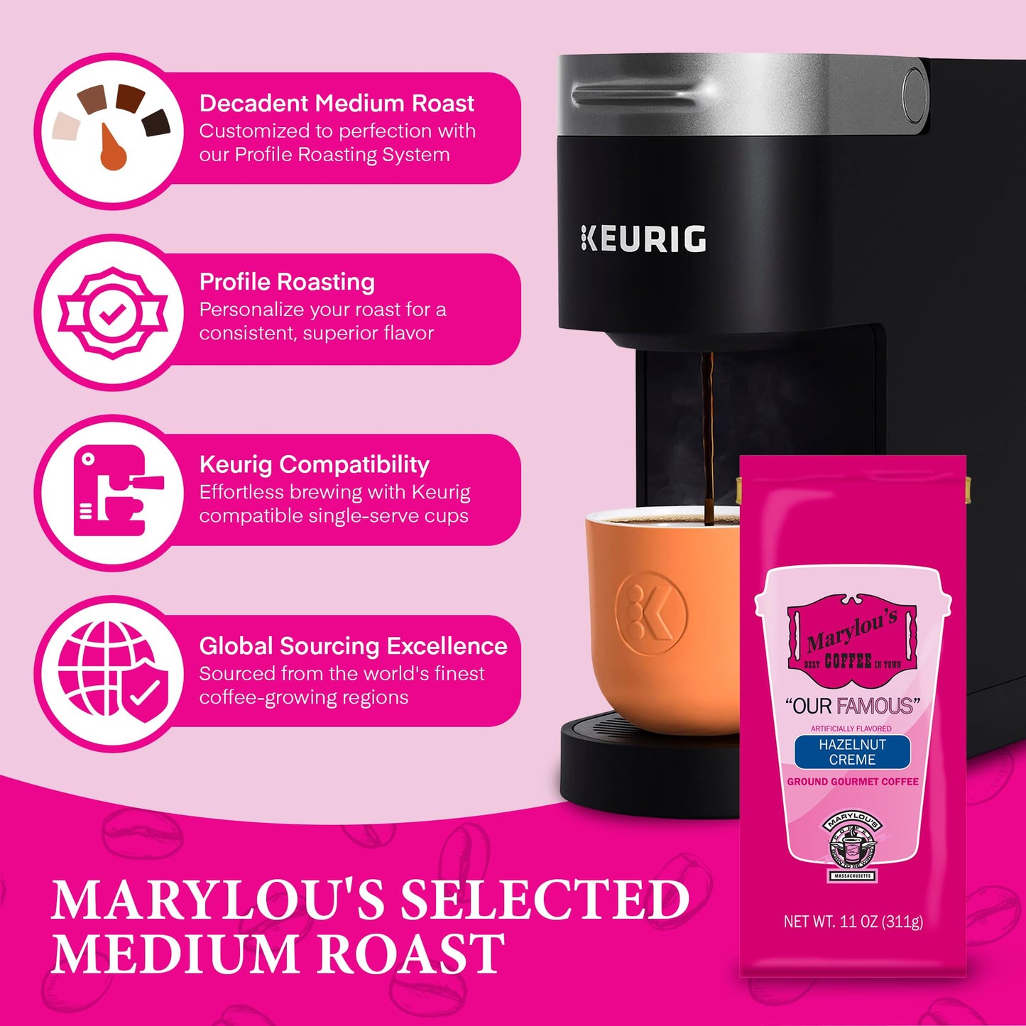 Marylous Coffee - Hazelnut Crme Flavored Coffee, Delicious Medium Roast Gourmet Coffee, 11 Oz. / 311 G Coffee Bag