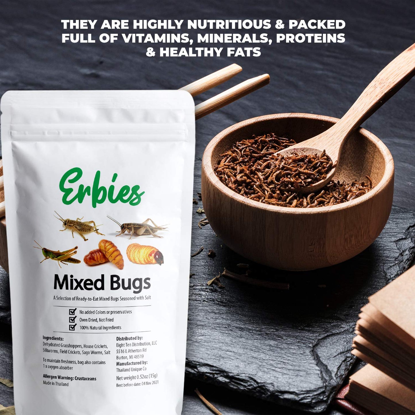 Erbies Edible Bug Mixed Trail Mix, 15g Bag, Seasoned and Crunchy Insects, Crickets, Grasshoppers, Silkworm Pupae, and Sago Worms