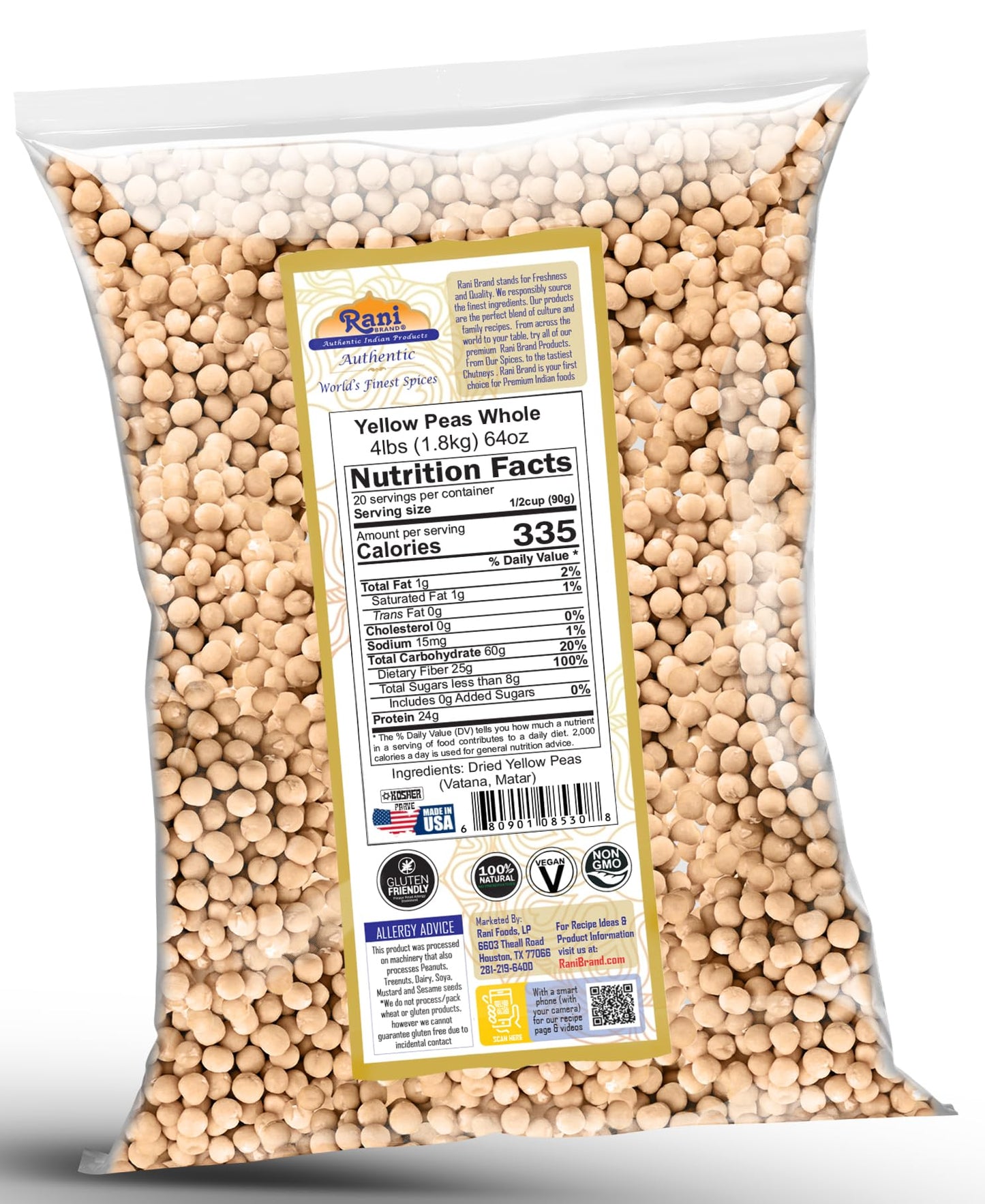 Rani Yellow Peas Whole, Dried (Vatana, Matar) 64Oz (4Lbs) 1.81Kg Bulk ~ All Natural | Vegan | Gluten Friendly | Kosher | Product Of Usa