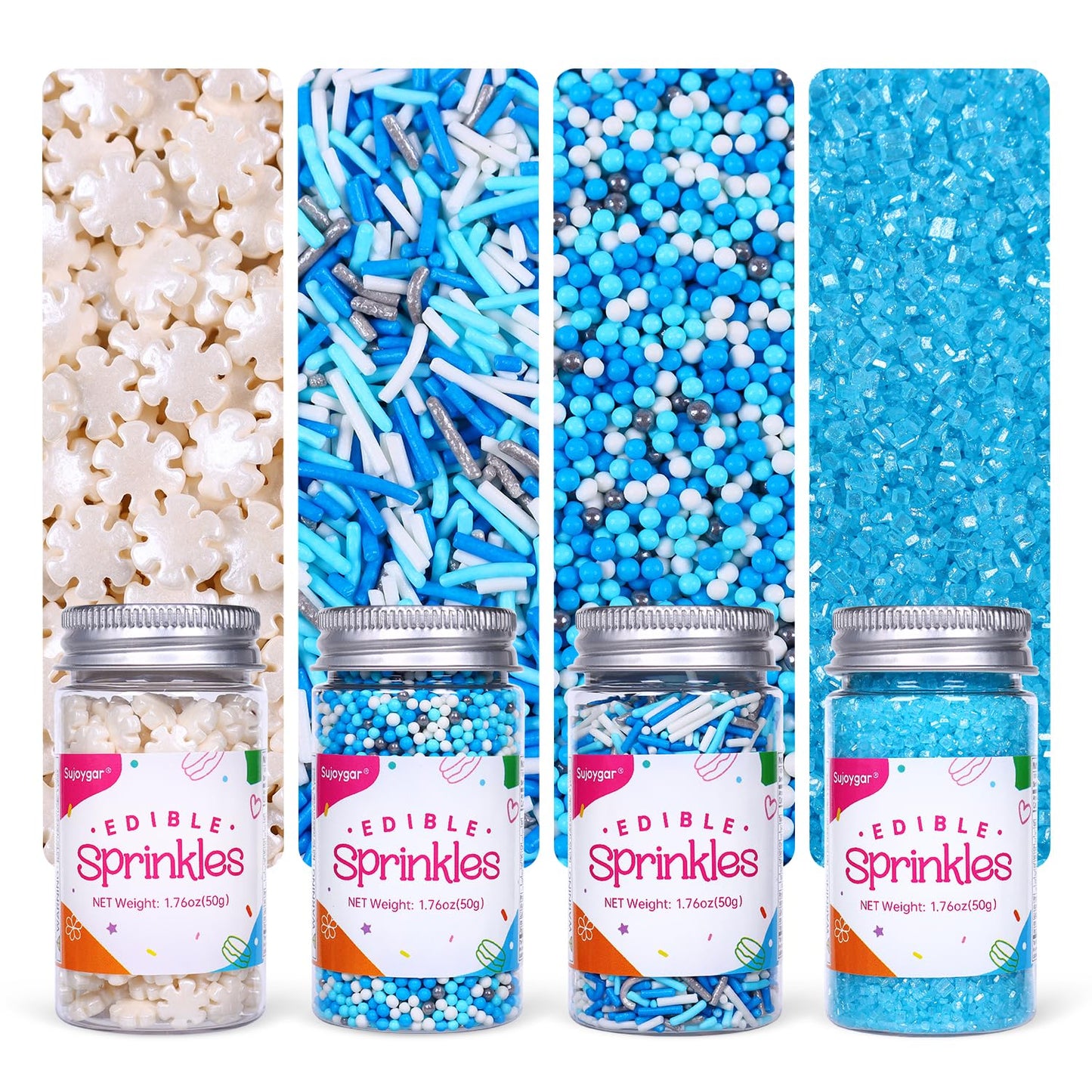 Blue Sprinkles for Cake Decorating, Edible Winter Sprinkles Set for Cupcake Toppers, White Snowflake Sprinkles, Blue Sugar Sandi