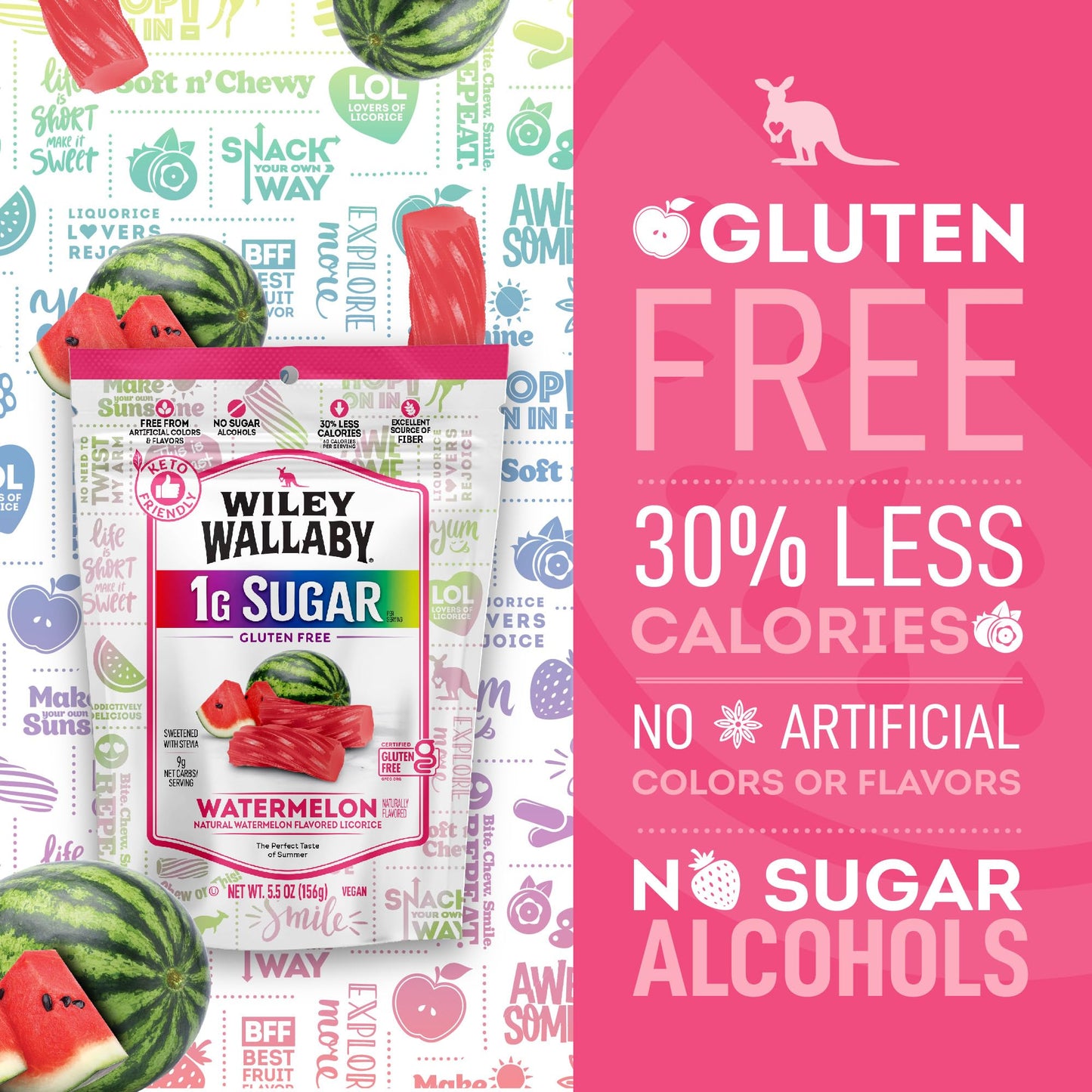 Wiley Wallaby Low Sugar Gluten Free Licorice | Soft Chewy Licorice | Watermelon and Very Berry Flavors | 5.5 Ounce | 4 Pack