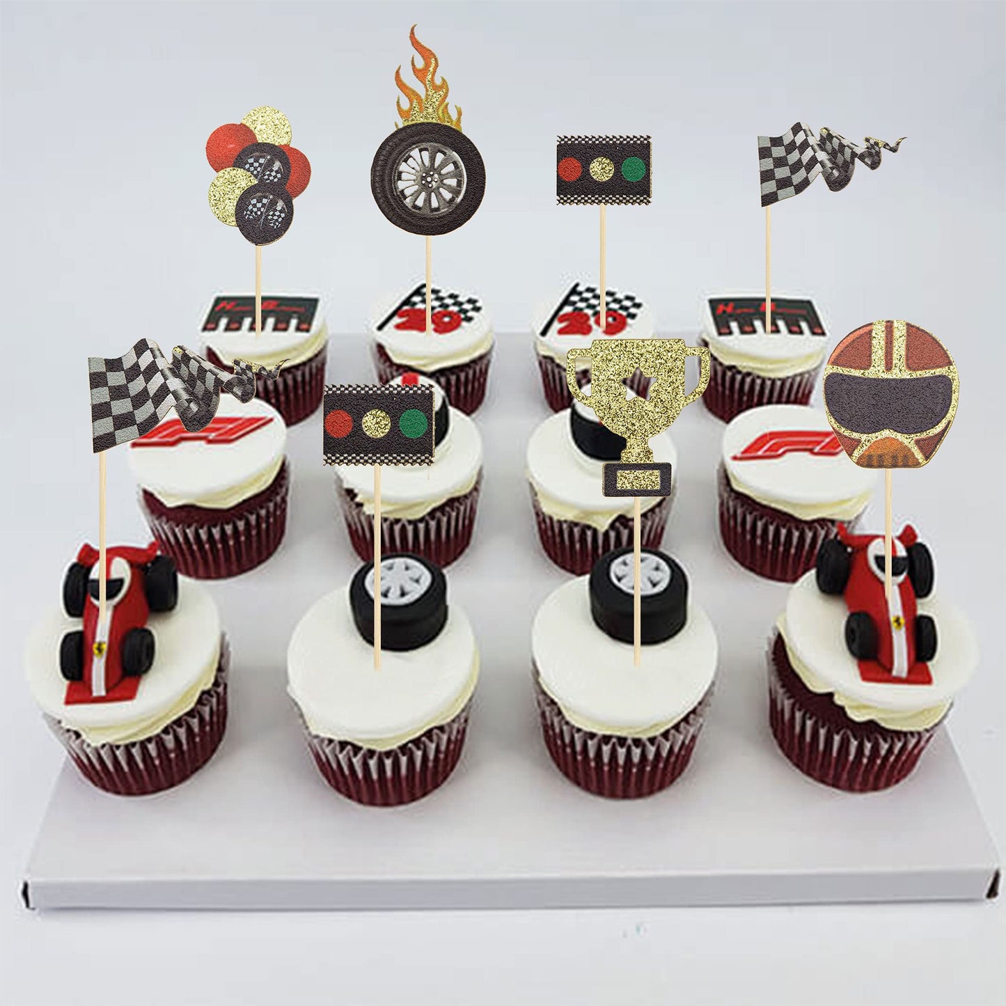Gyufise 24 Pack Race Car Cupcake Toppers For Boy Birthday Racing Car Theme Trophy Flag Wheel Fruit Picks Party Decoration Let'S