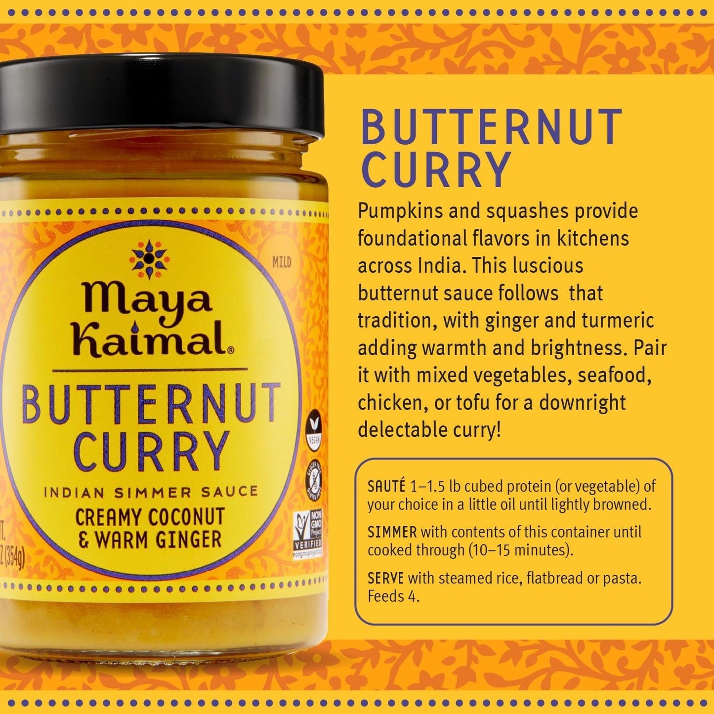 Maya Kaimal Butternut Curry Simmer Sauce, Mild Indian Simmer Sauce with Creamy Coconut and Warm Ginger, Vegan, Dairy Free and No