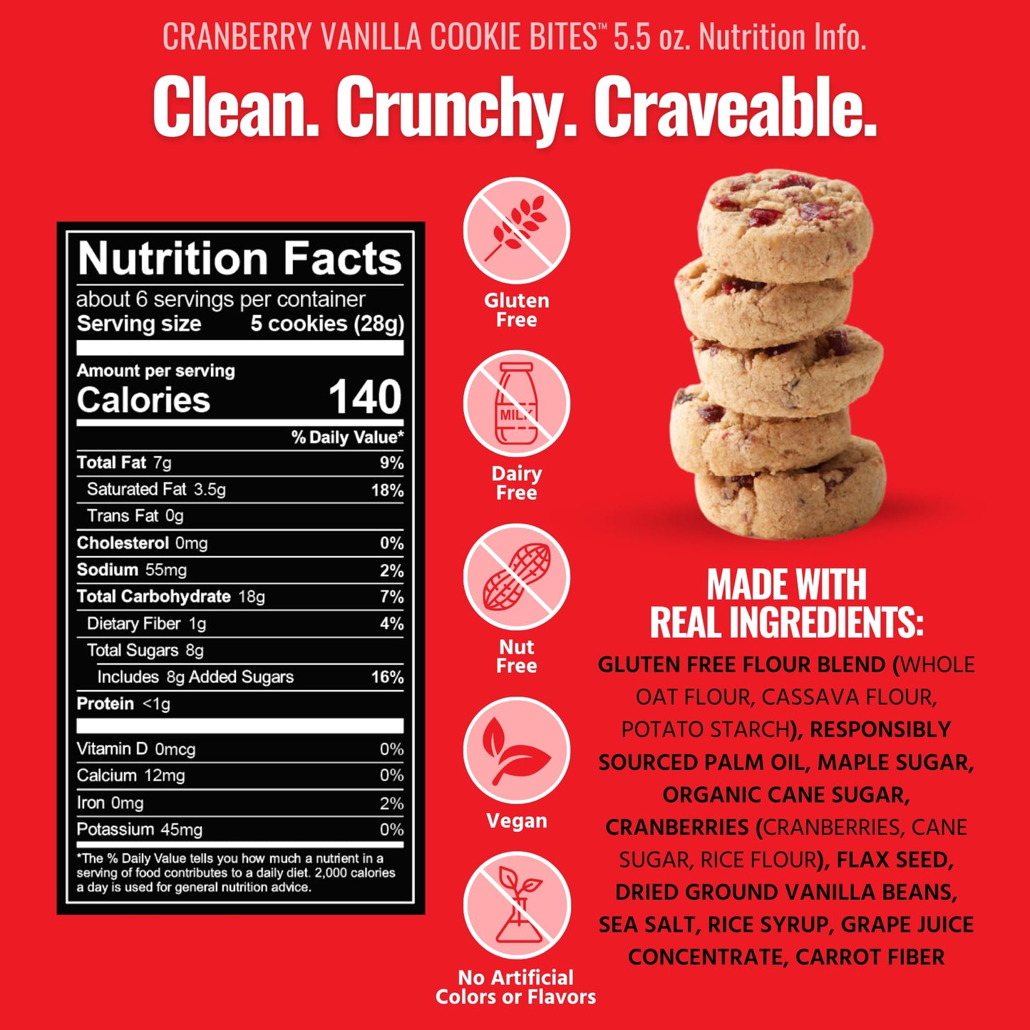 Every Body Eat Crunchy Cookie Bites, Gluten & Dairy Free, Vegan, School Lunch Snacks, (5.5 Ounce (Pack Of 3), Cranberry Vanilla)