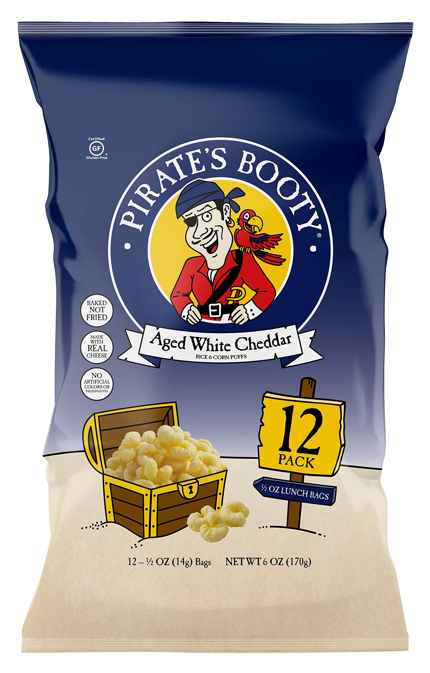 Pirates Booty Aged White Cheddar Cheese Puffs, 12ct, 0.5oz Snack Size Bags, Gluten Free, Cheese Snacks, Healthy Snacks