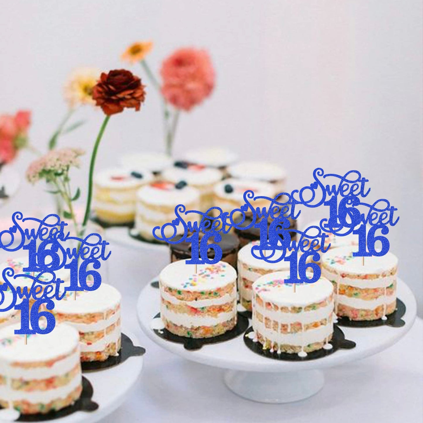 Rssta i Cupcake Toppers 30 Pack Glitter Love Heart for 16th Birthday Deep Blue
