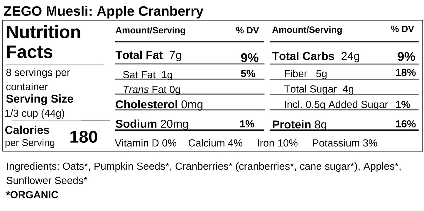 Zego Foods Organic Superfood Oatmeal & Muesli, Certified Gluten Free (Apple Cranberry) 13Oz