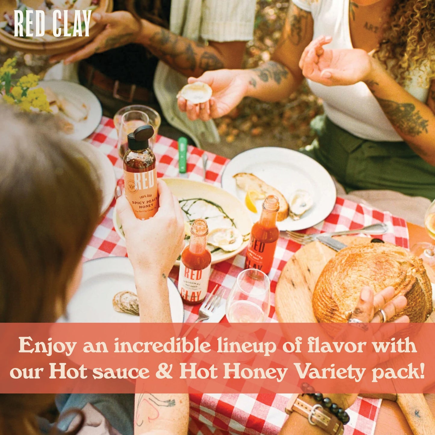 Red Clay Hot Sauce & Hot Honey, Whole Shebang Variety Pack (Original, Carolina Hot, Verde, Hot Honey And Southern Honey); Cold-Pressed, Fermented And Barrel-Aged Hot Sauces; 100% Raw Honey, 5 Count