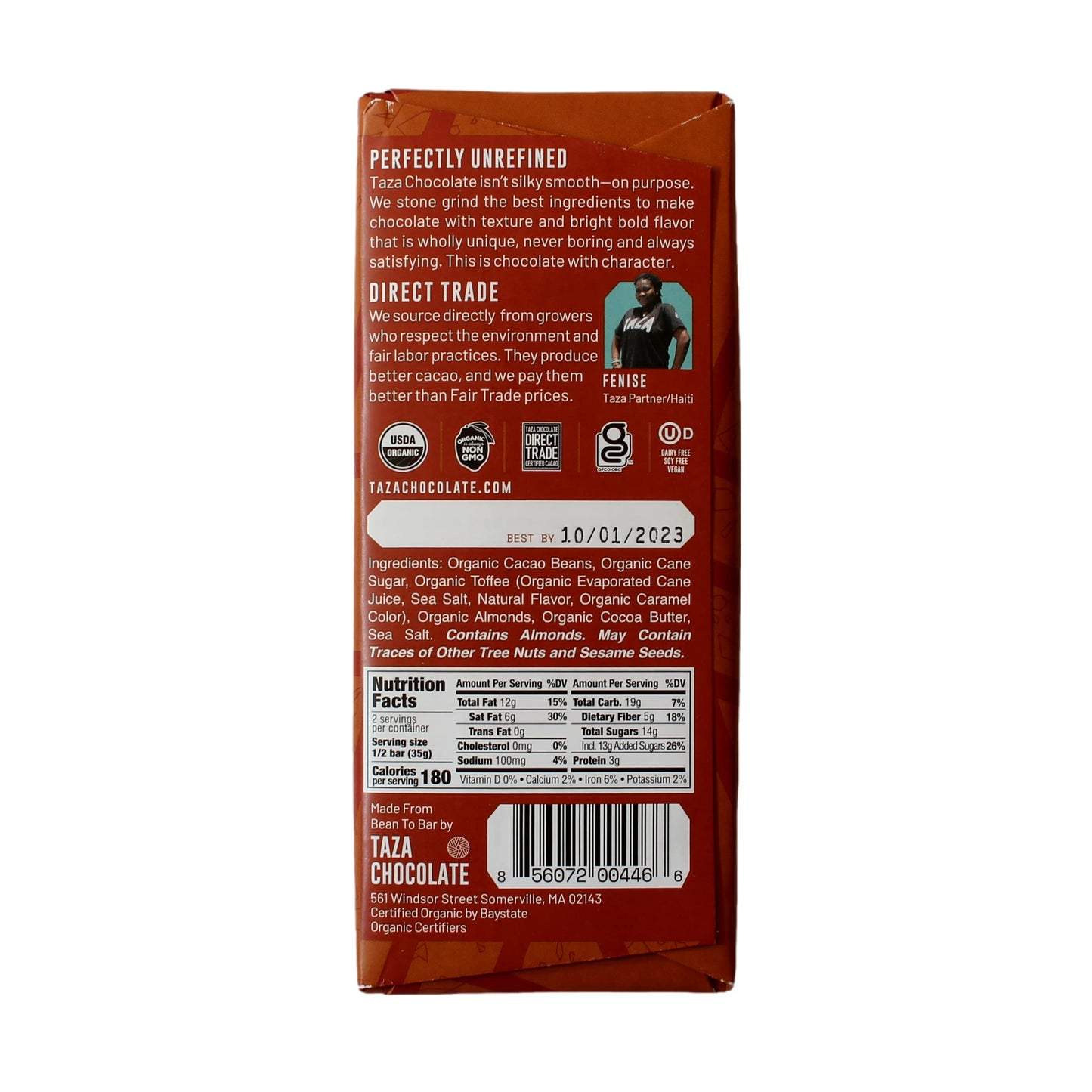 Taza Chocolate Organic Amaze Bar 60% Stone Ground, Toffee Almond Sea Salt, 2.5 Ounce (10 Count), Vegan