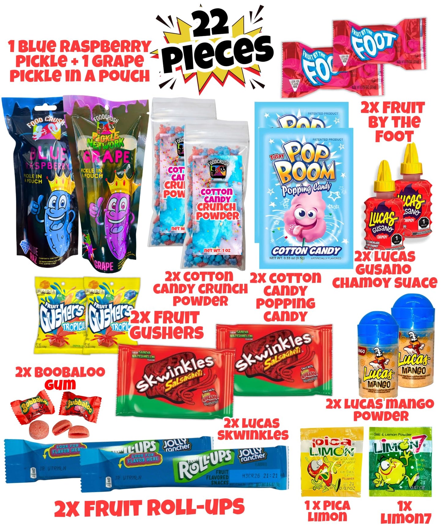 Ashley Dashleys-Blue Raspberry + Grape Pickle Kit -Gift Pouch-1 Blue Raz + 1 Grape Pickles W/Skwinkles, Crunch Powder, Fruit Roll Ups-Tiktok Trend Items By Food Crush