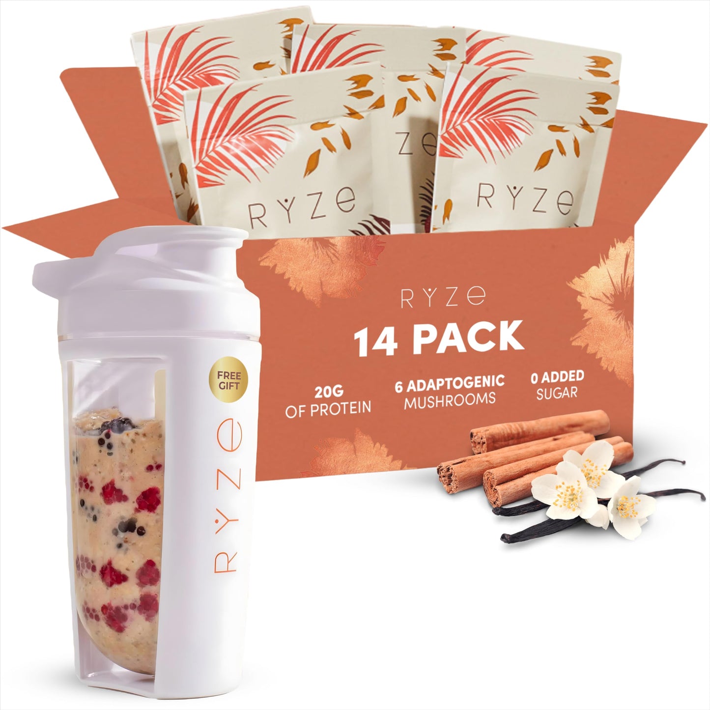 RYZE Mushroom Overnight Oats, Oatmeal with 6 Adaptogenic Mushrooms and 20g Grass-Fed Whey Protein & Chia Seeds, Turkey Tail, Shi