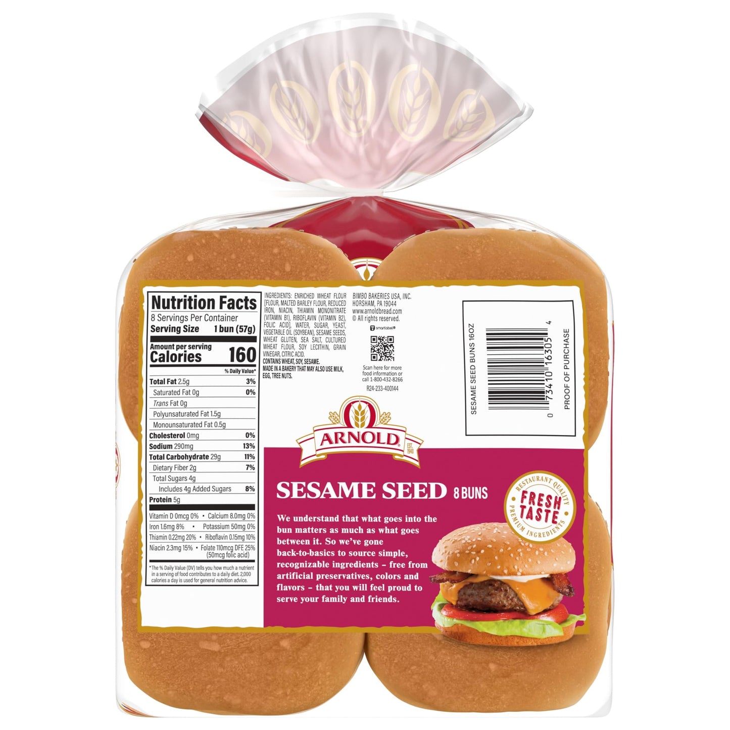 Arnold Sesame Seed Buns, 8 count, (2.0 oz each), White Hamburger Buns, 16 oz Bag
