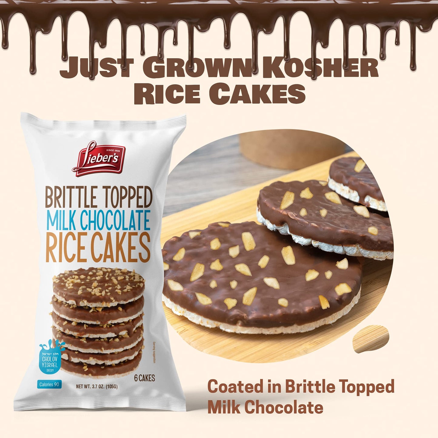 Liebers Thin Chocolate Rice Cakes, Kosher Certified Dairy And Dairy Free Options, Gluten Free Snack Pack Of 3 (Brittle Topped Mi