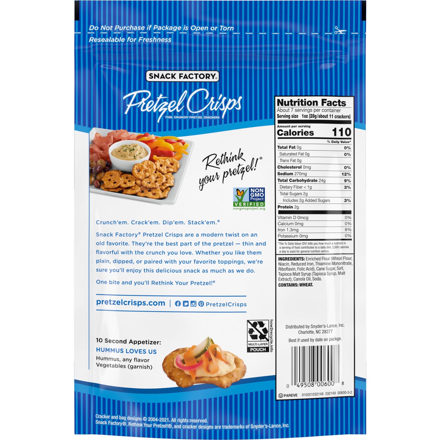 Snack Factory Original Pretzel Crisps, Non-Gmo, 7.2 Oz Resealable Bag