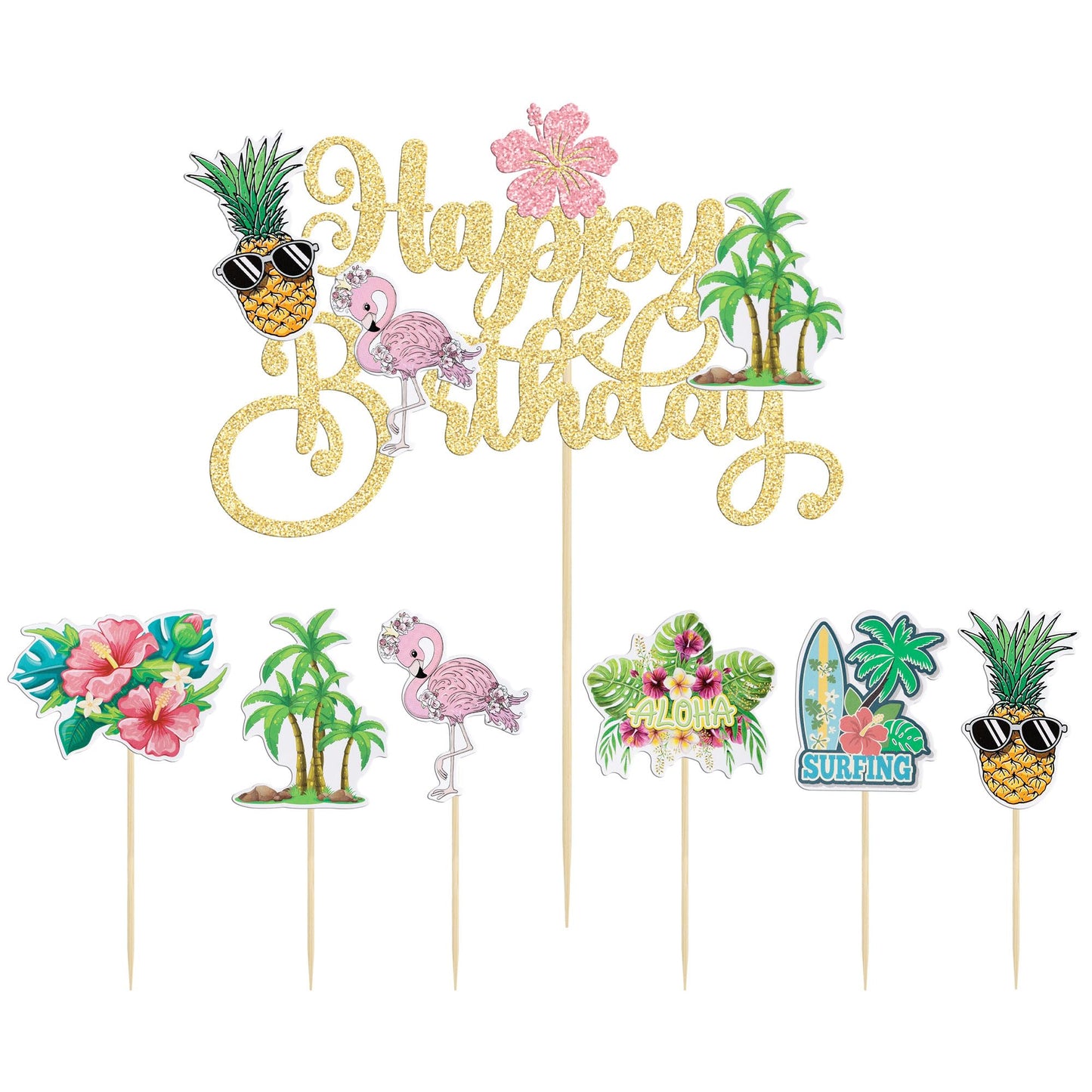 Gyufise 25Pcs Tropical Luau Cupcake Toppers With Happy Birthday Flamingo Cake Topper Palm Tree Flamingo Pineapple Aloha Cupcake
