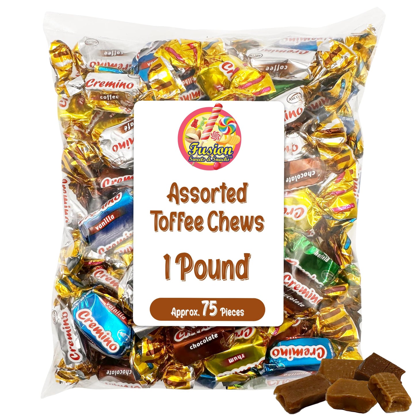 Fusion Sweets Assorted Toffee Candy - 1 Pound Bulk Chews, 75 Pieces, Five Flavors: Vanilla, Chocolate, Coffee, Rum, Mint, 6.02 x 2