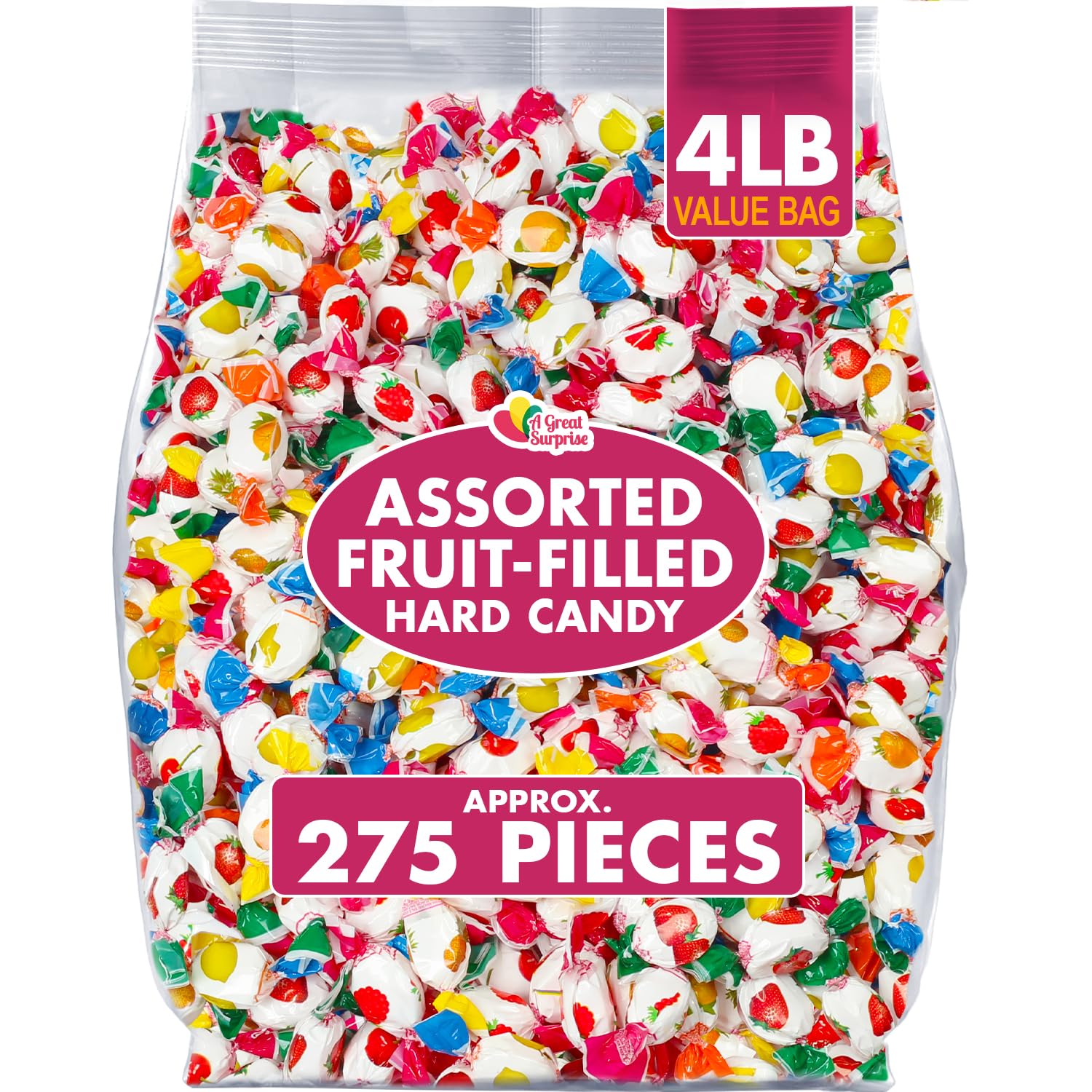 Assorted Fruit-Filled Hard Candy - 4 Pounds - Bulk Hard Candies - Individually Wrapped - Office Bon Bons For Desk