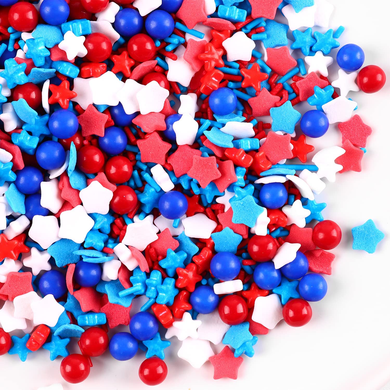 Patriotic Edible Sprinkles for Cake Decorating, 4th of July Independence Day Memorial Day Red White and Blue Star Pearl Sugar Sp