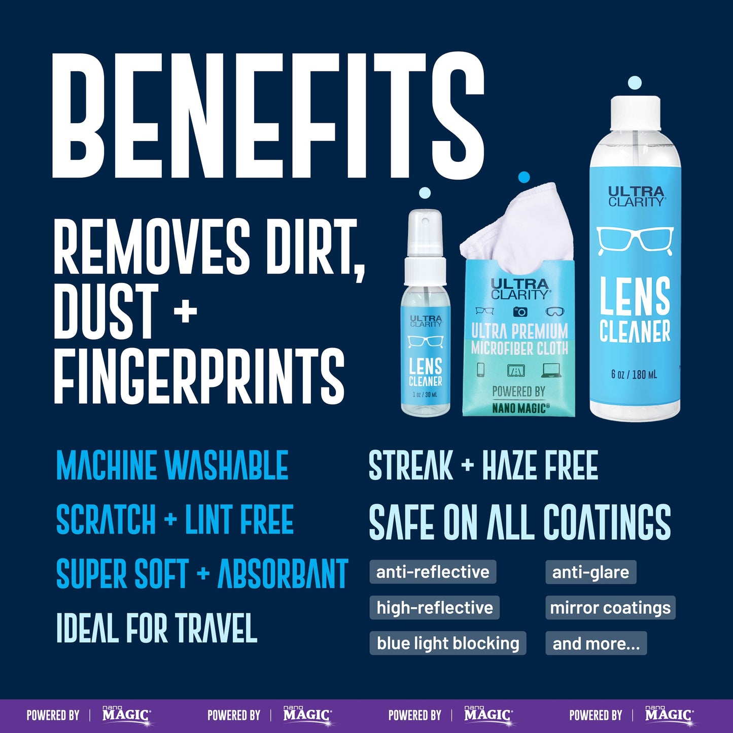 Ultra Clarity Powered By Nano Magic  Lens Cleaner 7Oz Value Pack  1Oz Spray, 6Oz Refill, Microfiber Cloth  Ideal For Glasses Sun