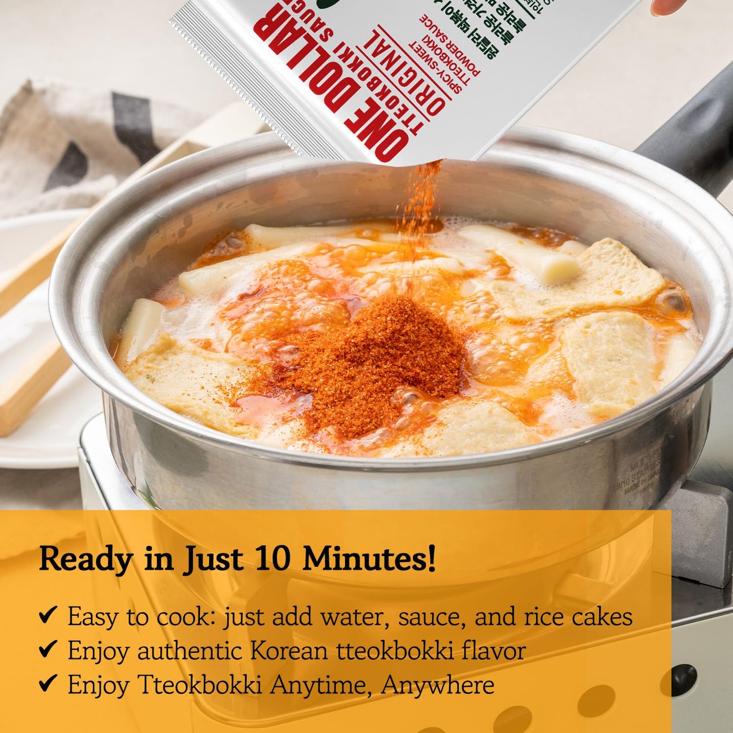 One Dollar Tteokbokki Sauce Mix (10 Pack,1 Serving Each), Level 2 Original, Authentic Korean Powder Sauce For Rice Cakes, Stir-F