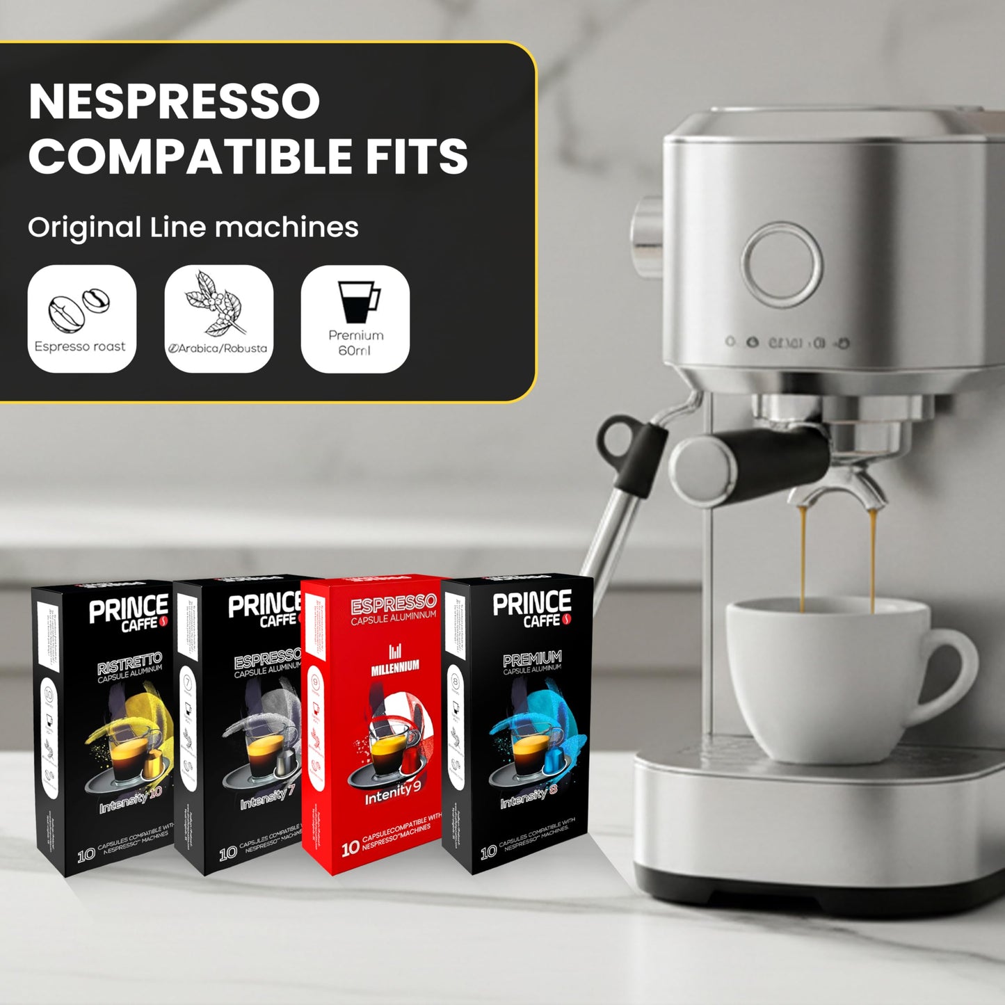 Prince Caffe Espresso Pods Variety Pack Compatible with Nespresso Original Line Machines - Espresso  Ristretto  Millennium & enhanced - Intensity 7 8 9 10  40 Count (4 x 10 Capsules)