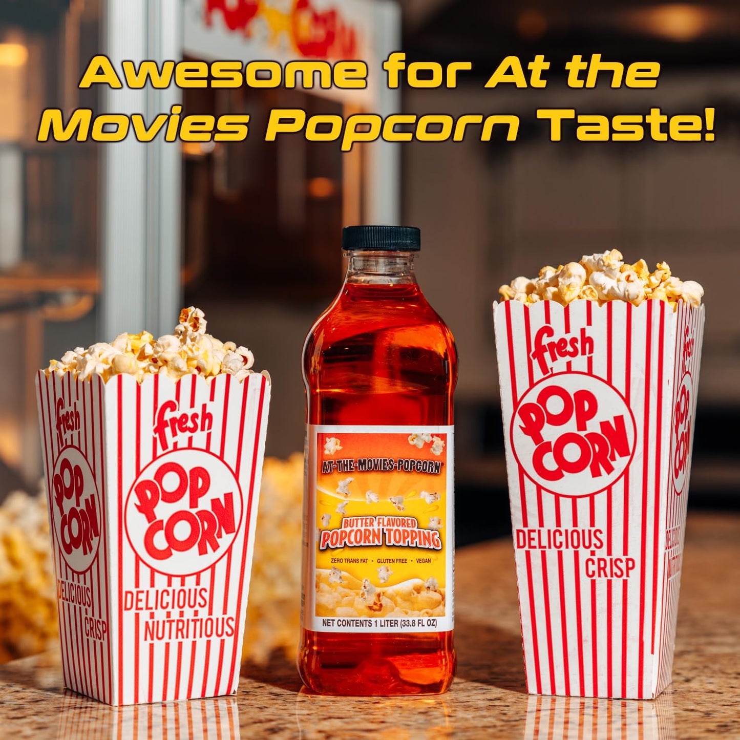 At-The-Movies-Popcorn Buttery Flavor Popcorn Topping, 33.81 Ounce (1 Liter), Ideal for Movie Nights