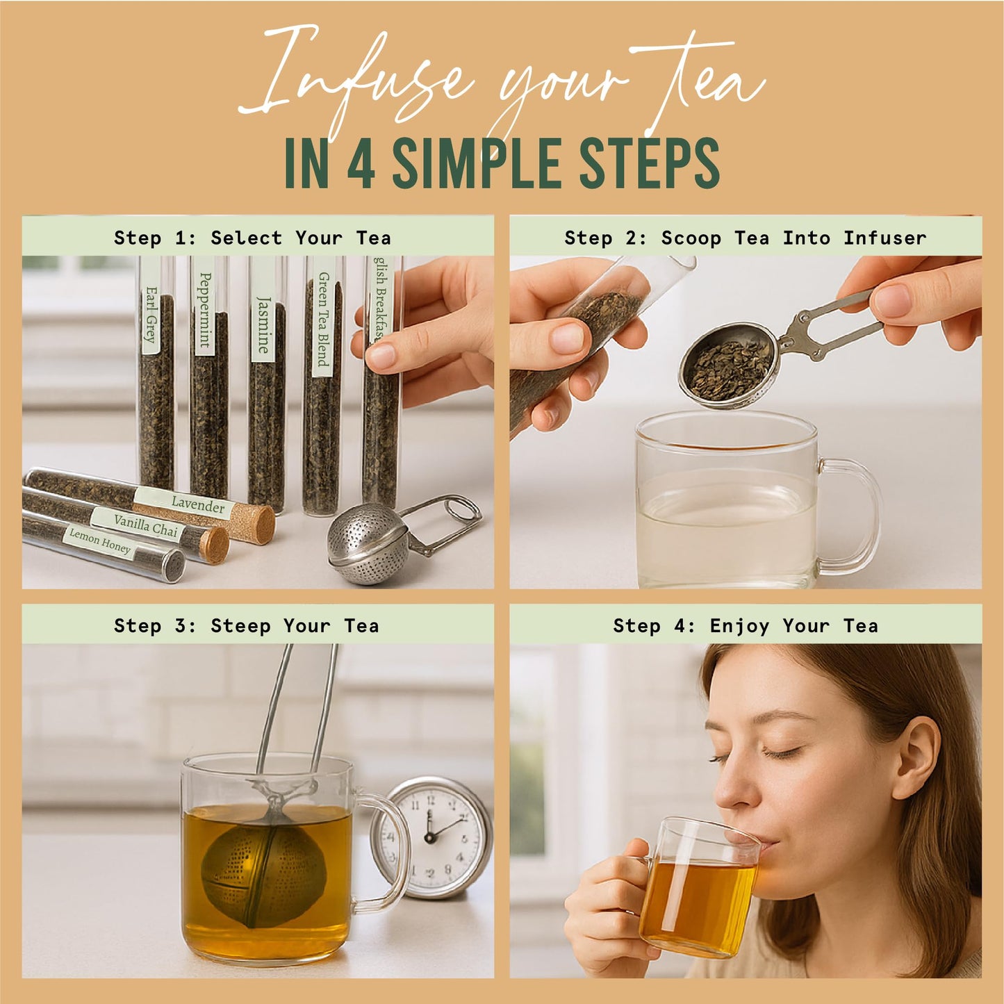 Loose Leaf Tea Sampler Gift Set Box – 8 Unique Flavors With Stainless Steel Infuser | Vanilla Chai, Jasmine, Lemon Honey & More | Tea Gift Set For Women And Men - Set Of 9