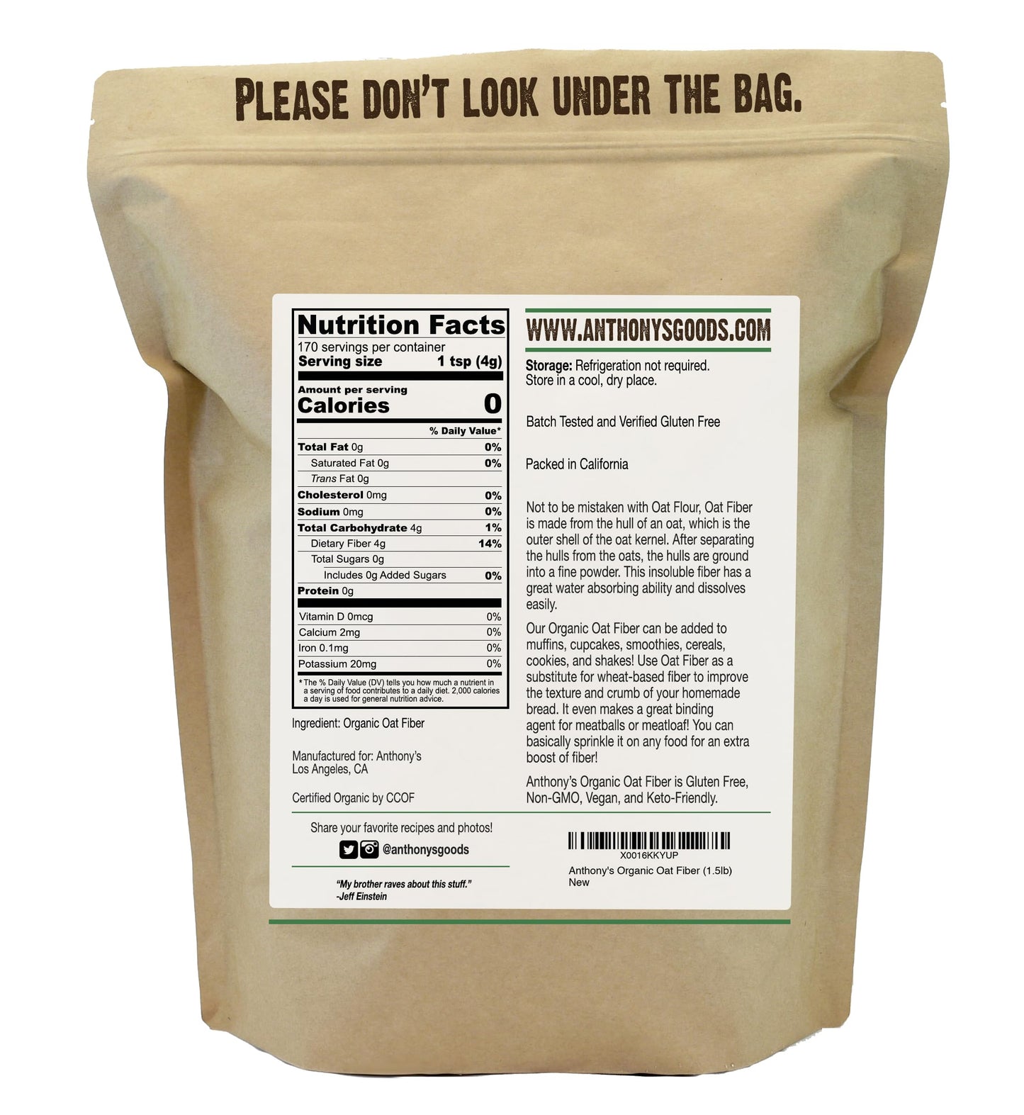 Anthony'S Organic Oat Fiber, 1.5 Lb, Gluten Free, Non Gmo, Keto Friendly, Product Of Usa