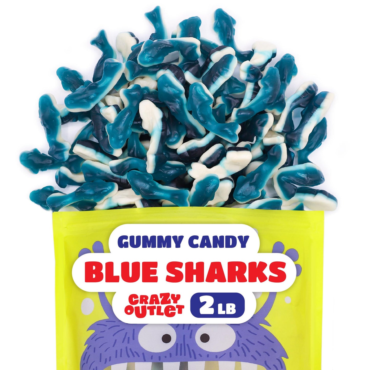 CRAZYOUTLET Blue Sharks Gummy Candy - Blue Raspberry Shark Gummies - Large 2 Pound Bulk Bag