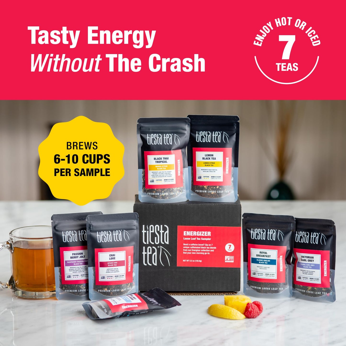 Tiesta Tea Energizer Tea Sampler Set - 7 Resealable Pouches, High Caffeine Hot & Iced Black Tea, Model 800022