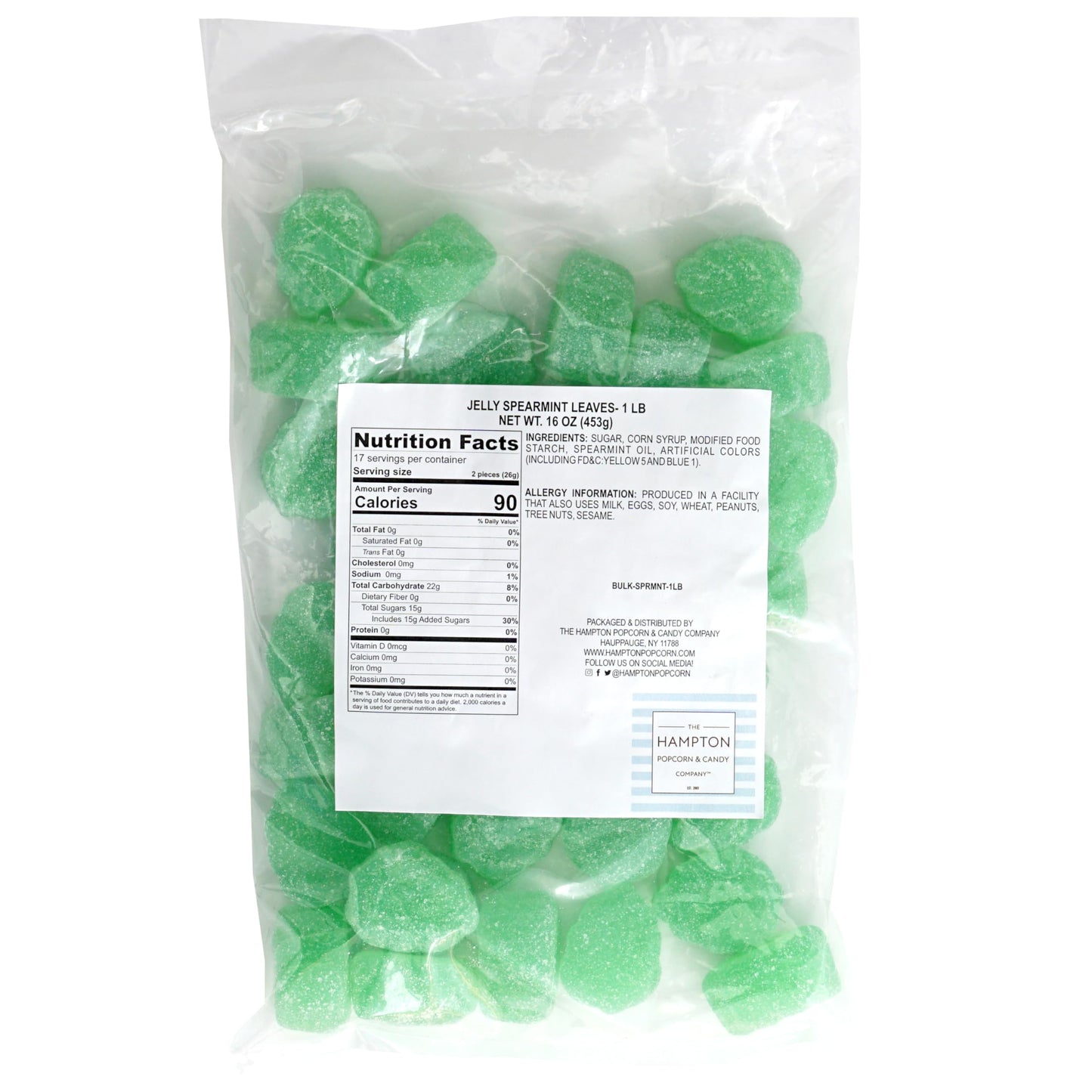 Spearmint Leaves, 1 Pound Bulk Bag Gummy Spearmint Candy, Green Candy, The Hampton Candy Company