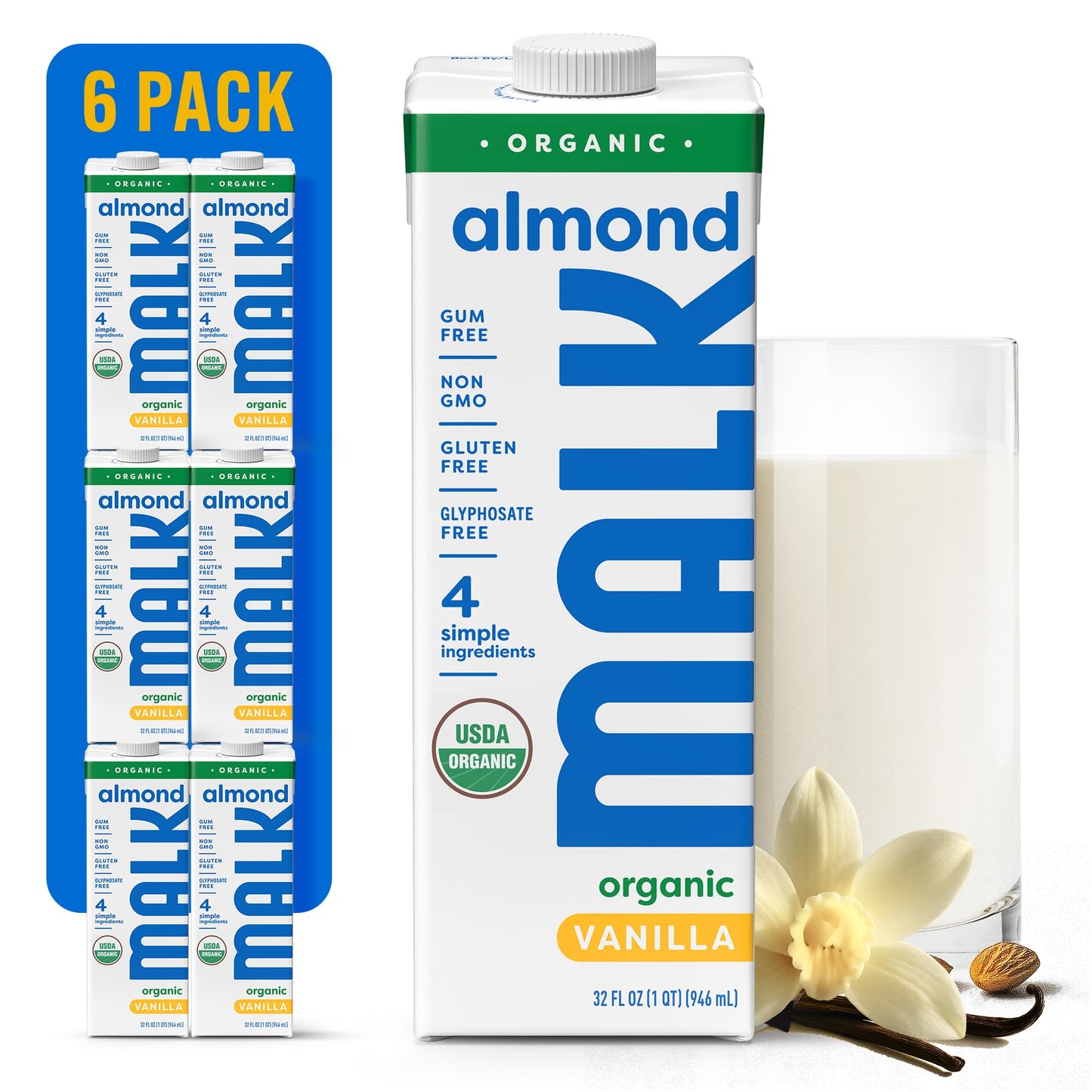 MALK Almond Milk Unsweetened Vanilla (32oz  Pack of 6) - Shelf Stable Organic Almond Milk Vanilla  Non GMO  Whole 30  Dairy Free  Vegan  Plant Based  No Gums or Fillers - Lattes Cereal Coffee Creamer