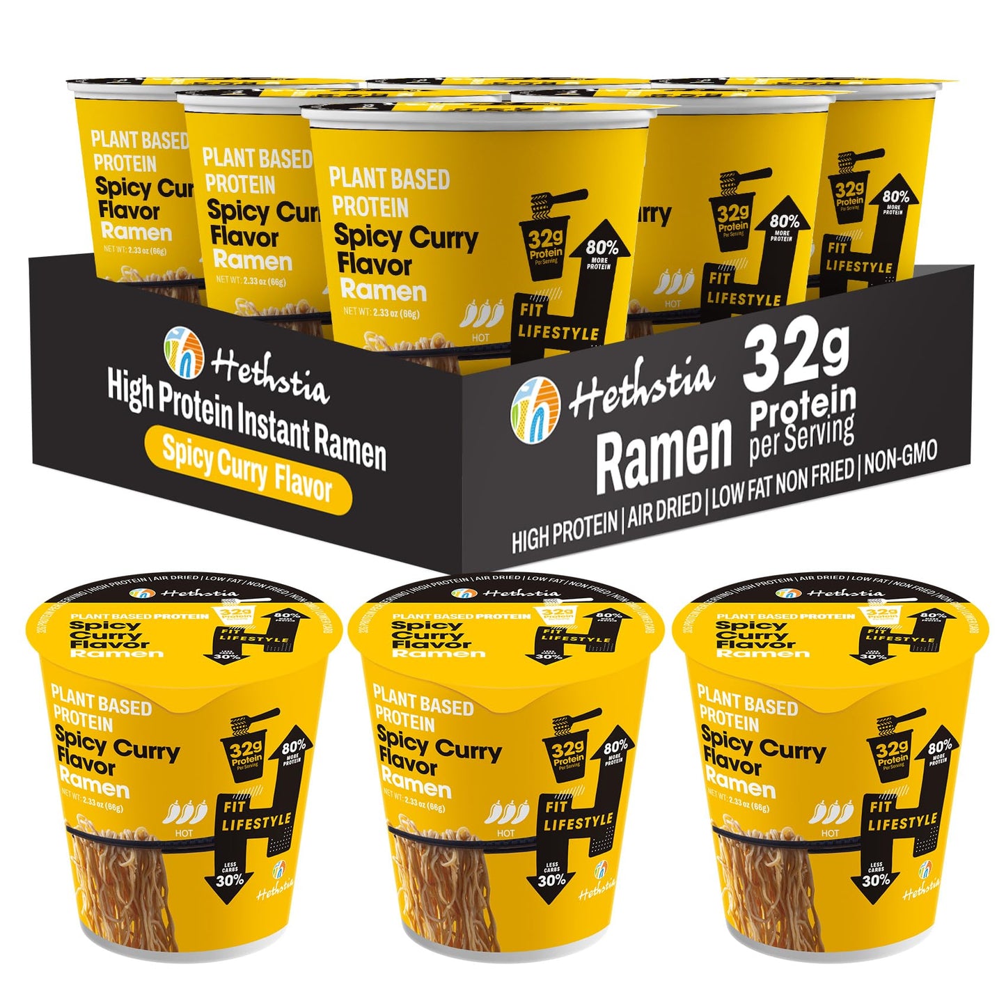 Hethstia Protein Ramen, Spicy Curry Flavor Pre-Packaged Ramen Soup Cup, 6-Pack Instant High-Protein Noodle Broth, 32g Plant Prot