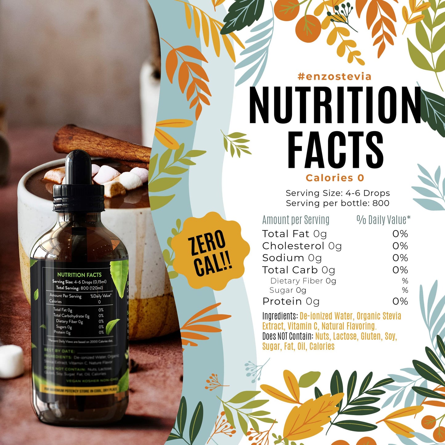 Enzo Liquid Stevia Drops - Zero Calories Sweetener, 4 Fl Oz, Hazelnut Flavor, 800 Servings, All Natural, No Additives