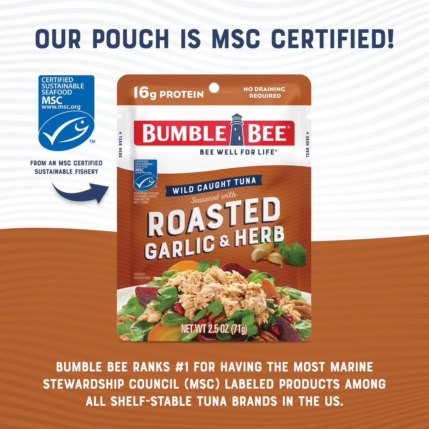Bumble Bee Roasted Garlic & Herb Tuna Pouch - Ready to Eat - 2.5 oz - 16g Protein - Gluten Free - Wild Caught