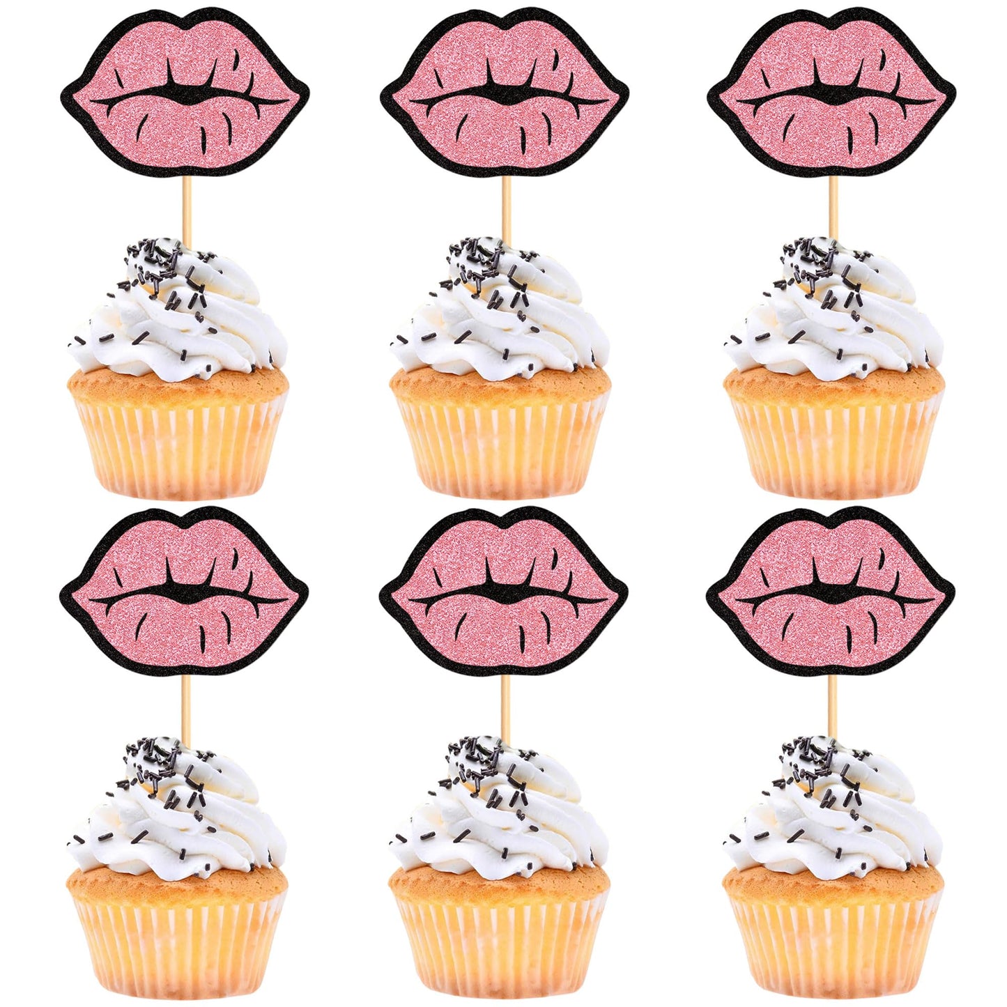 Cyodoos 24 PCS Glitter Pink lip Cupcake Toppers, Pink Glitter Girls Cupcake Toppers, Lip Cupcake Picks, Cake Topper for Wedding 