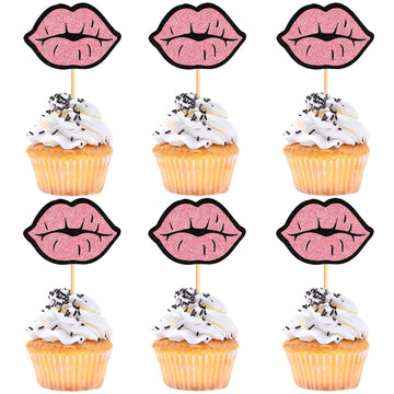 Cyodoos 24 PCS Glitter Pink lip Cupcake Toppers, Pink Glitter Girls Cupcake Toppers, Lip Cupcake Picks, Cake Topper for Wedding 