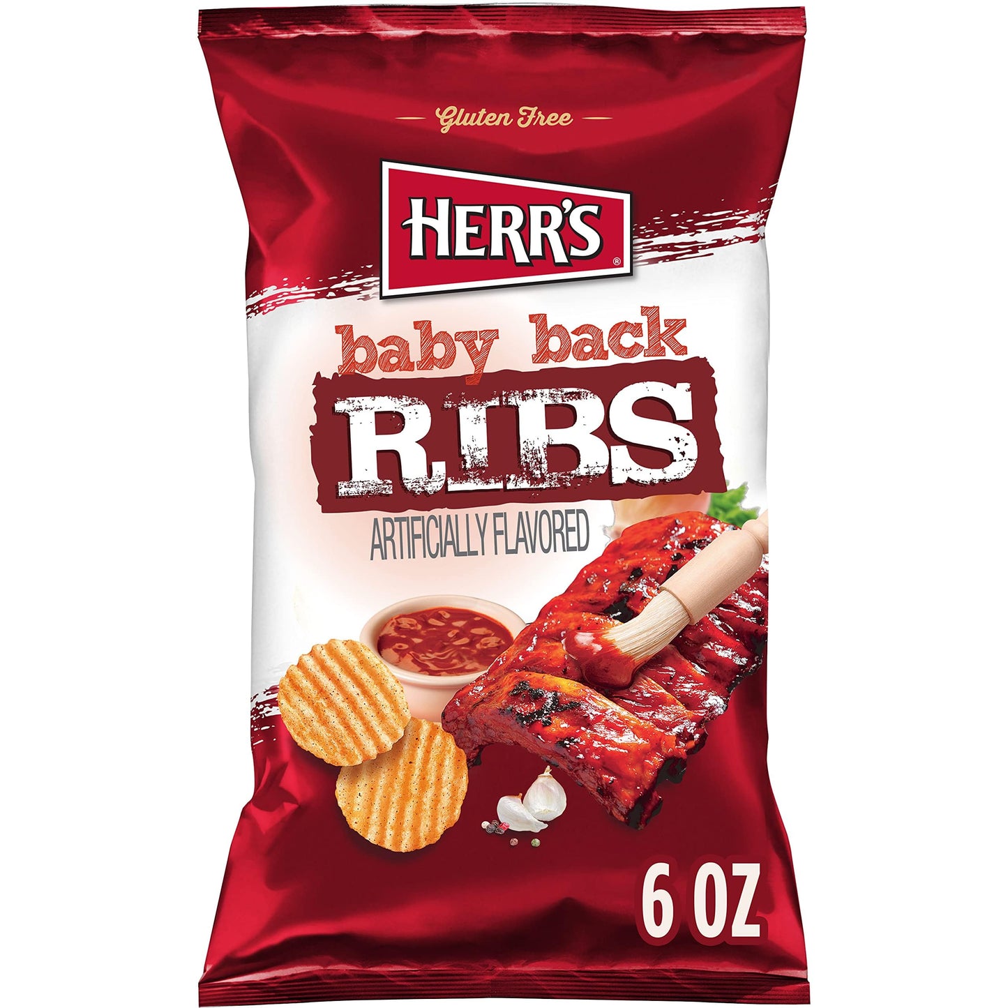 Herrs Baby Back Ribs Potato Chips, 6 Oz Bag, Gluten Free Snacks, Bold Bbq Flavor
