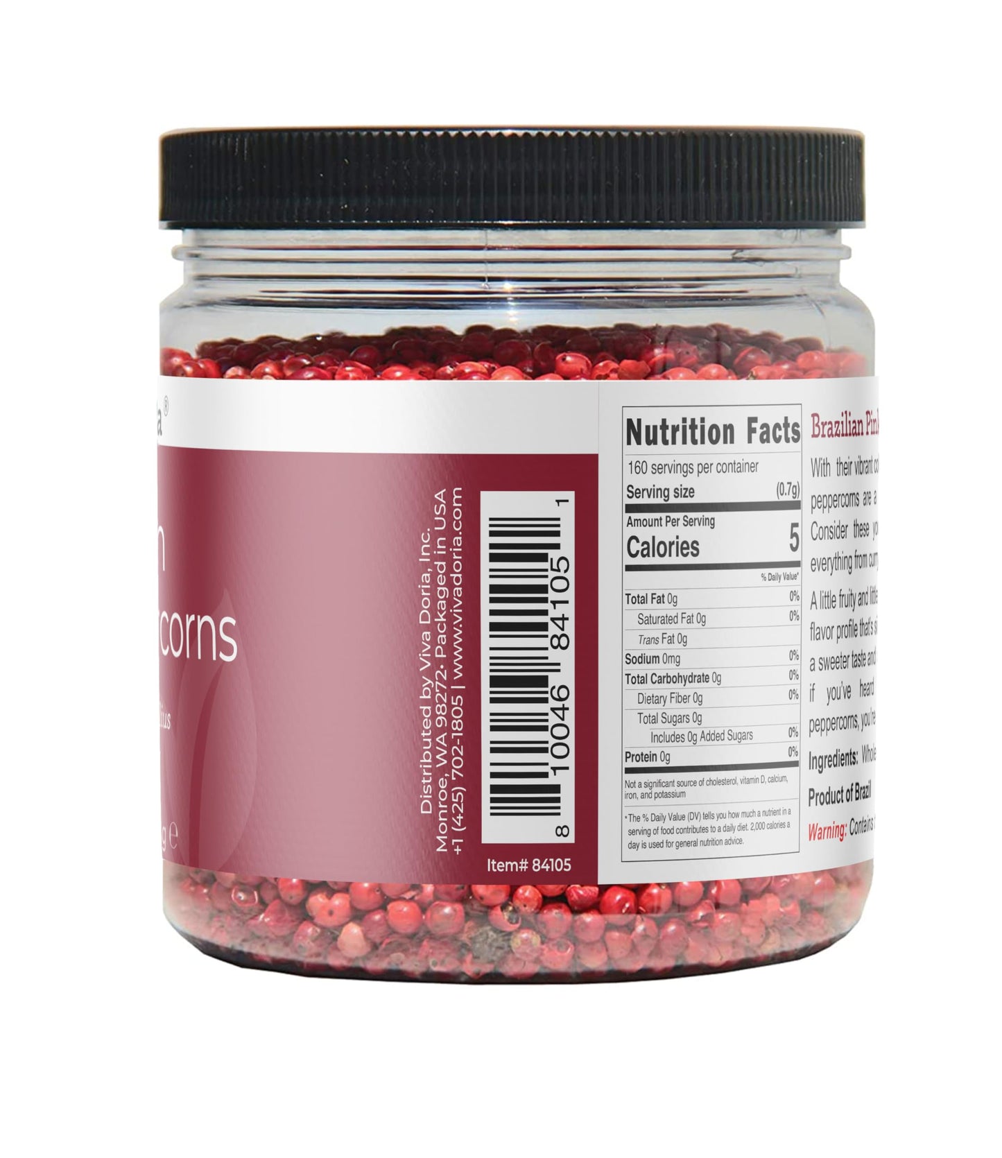 Viva Doria Brazilian Pink Peppercorns, Steam Sterilized Whole Pink Pepper, 4 Oz