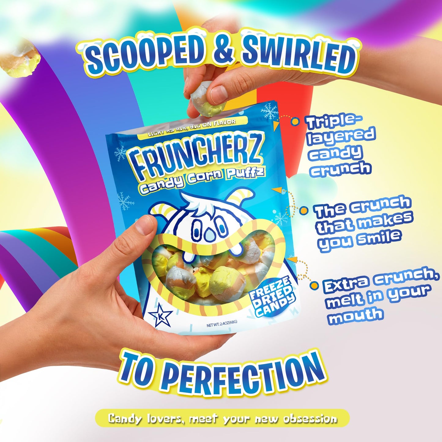 Fruncherz Candy Corn Puffz - Kosher Airy Taffy Bites, Marshmallow & Vanilla Flavors, Perfect for Halloween & Parties