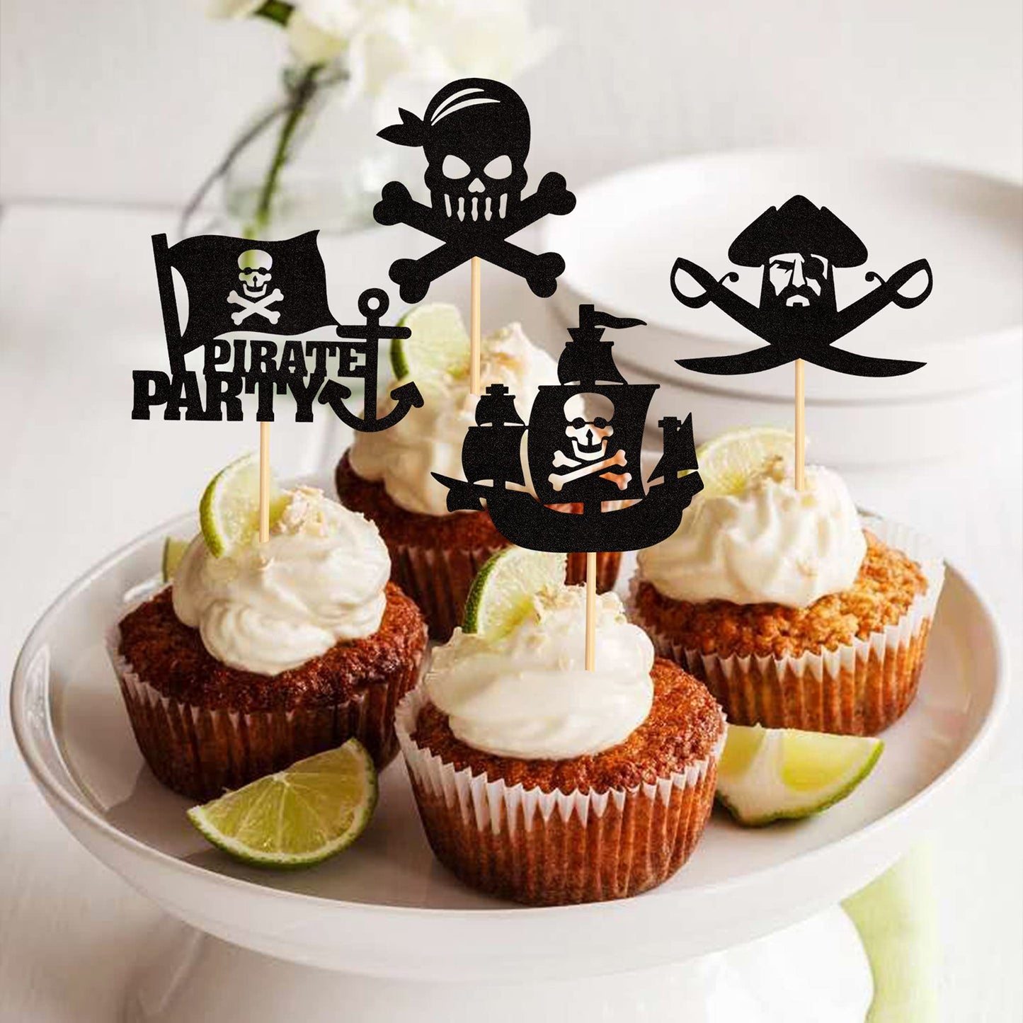 Ercadio 24 Pack Pirate Cupcake Toppers Black Glitter Nautical Sailing Cupcake Picks Pirate Theme Baby Shower Kids Birthday Party