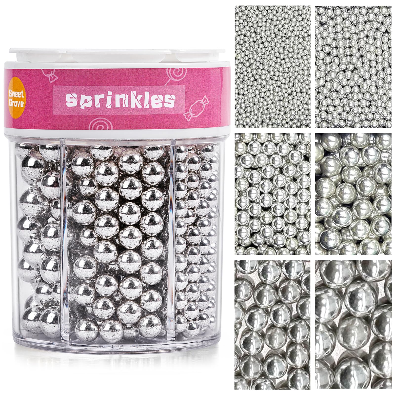 SweetGrove Edible Silver Pearl Sprinkles, 310g, Cake Decorating Sugar for Cupcakes, Cookies, Ice Cream, Wedding, Christmas, Holiday Baking