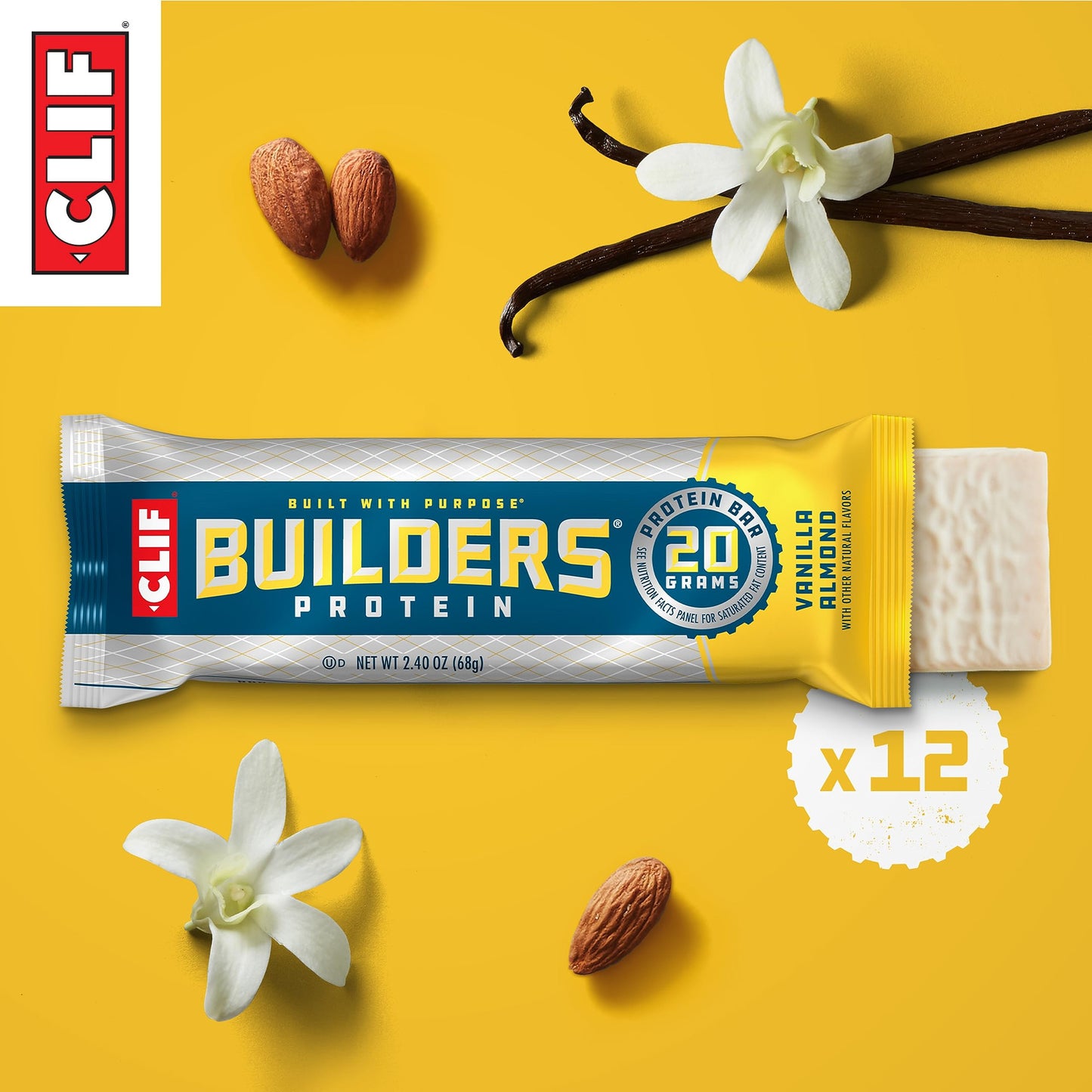 Clif Builders Protein Bars - Vanilla Almond Flavor - 20G Plant Based Protein - Gluten Free - Non-Gmo - Low Glycemic - No Artificial Sweeteners - 2.4 Oz. (12 Pack)